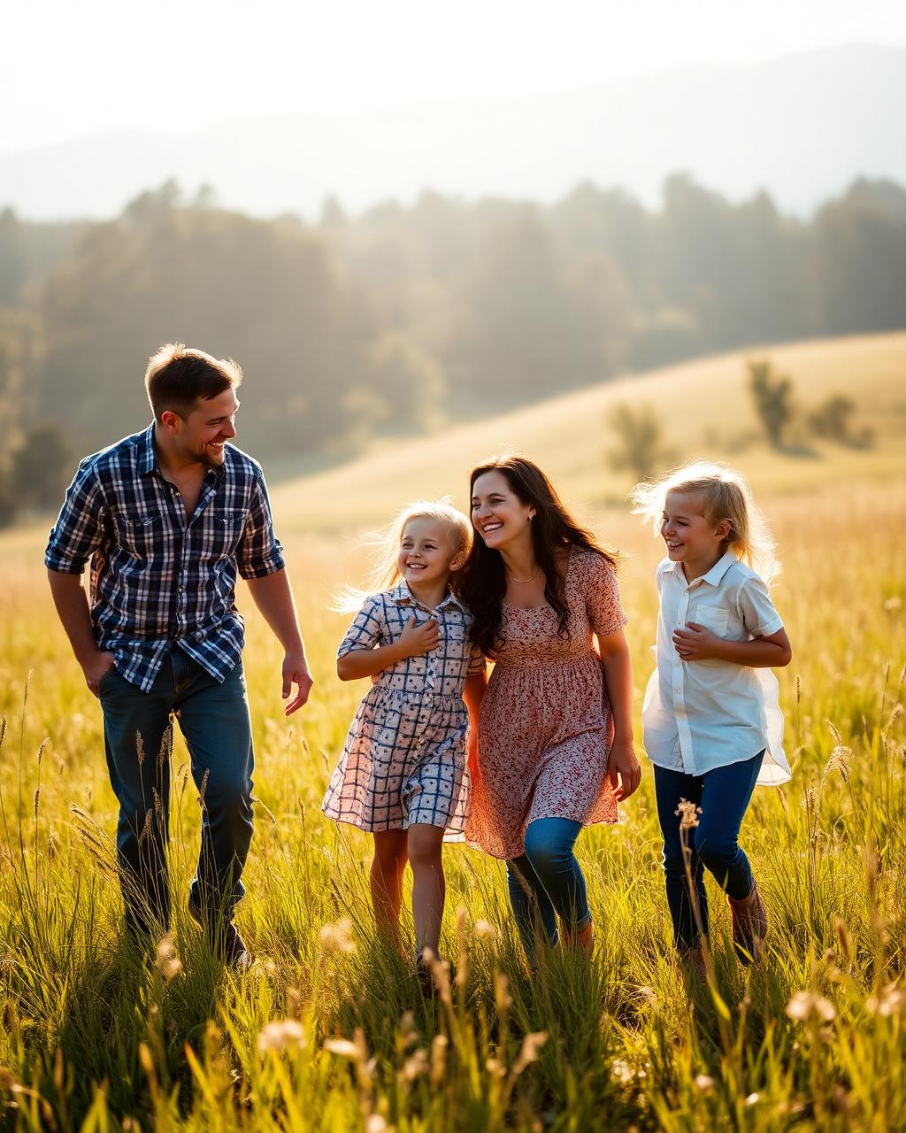 Family in a sunlit meadow
